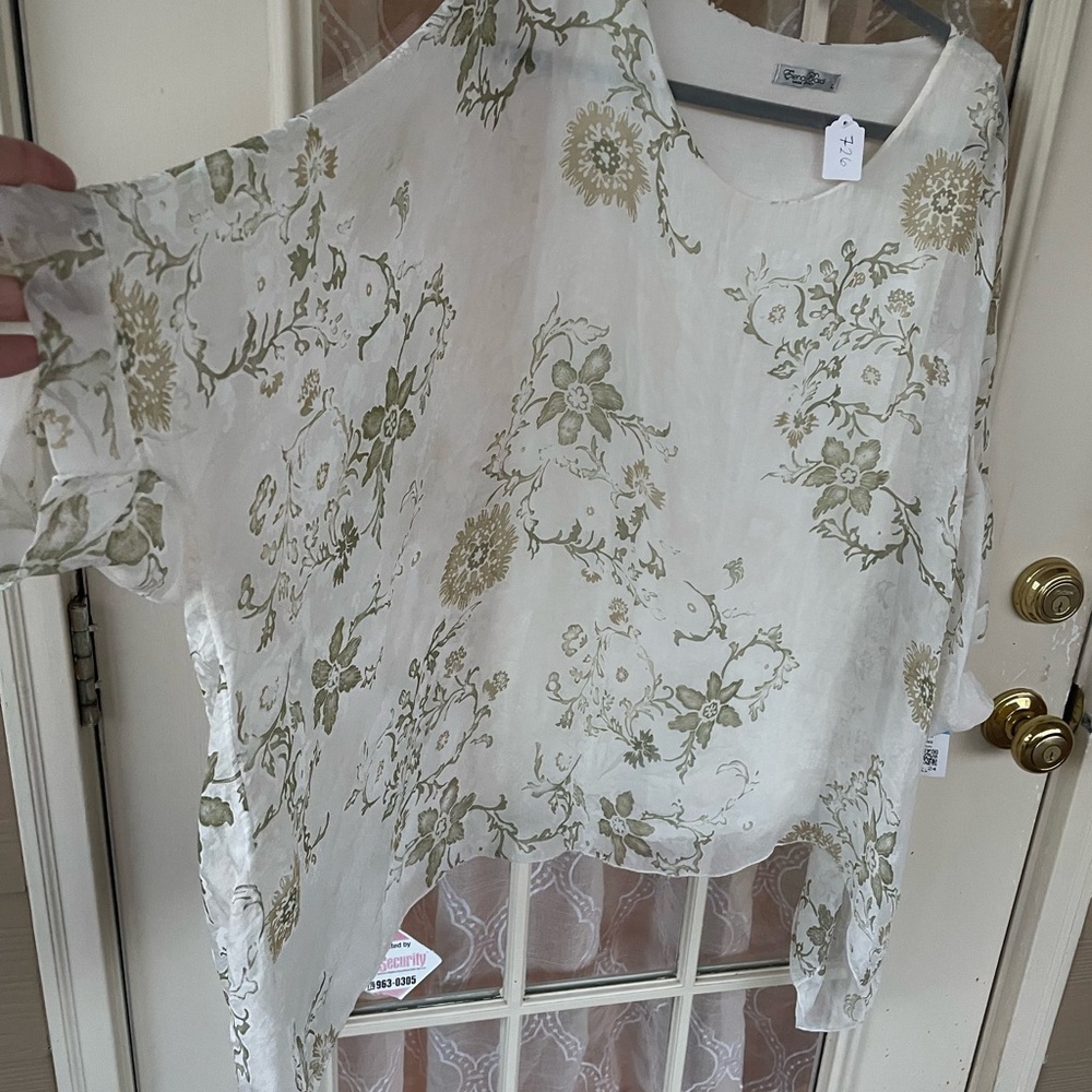 Elena Baldi Made in Italy Silk Floral Blouse | White & Sage Green | Size L